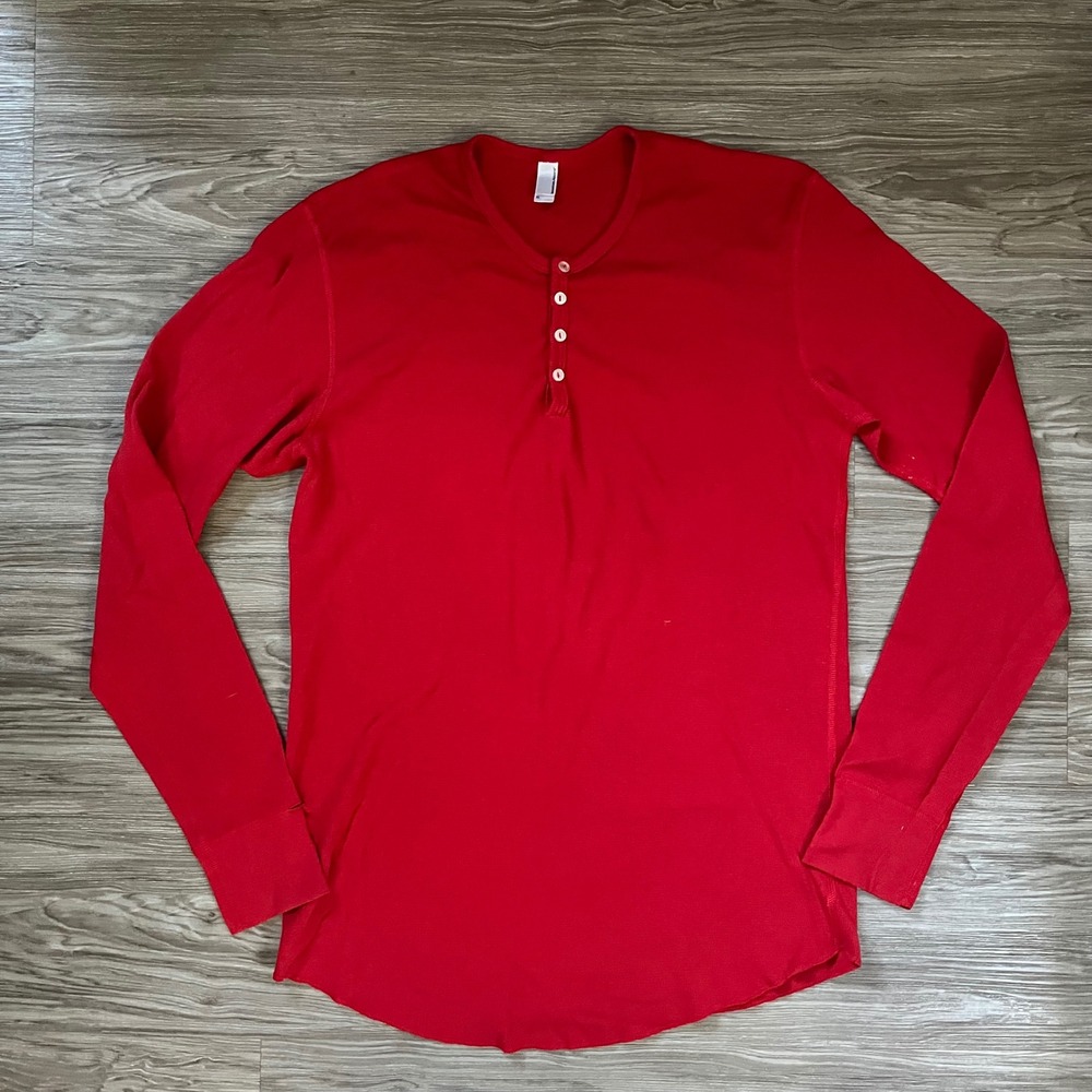 American Apparel Mens XL Red Waffle Knit Thermal Long Sleeve Henley Shirt USA